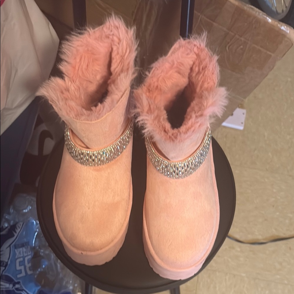 Pink Faux Fur Boots with Rhinestone Strap